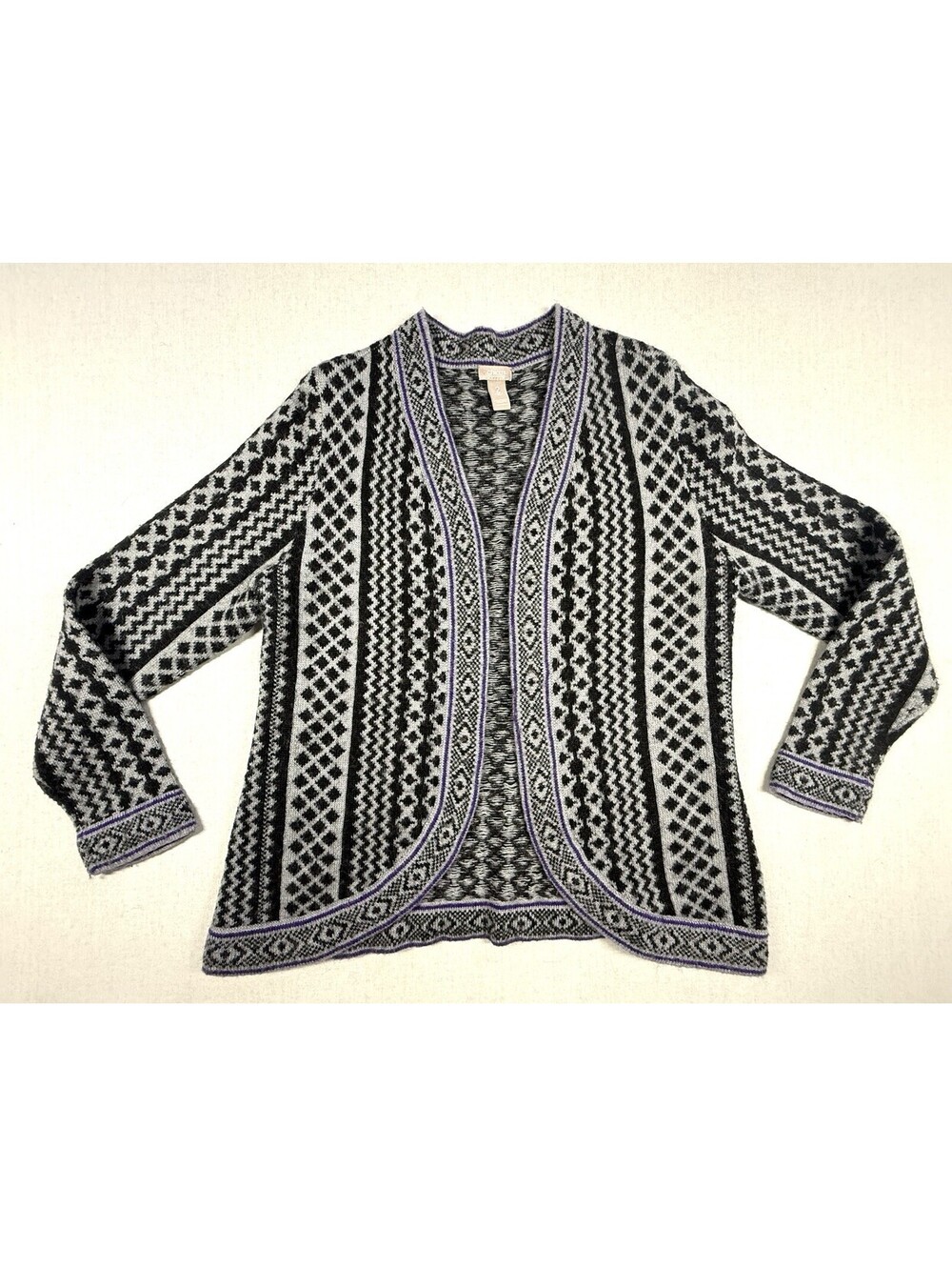 Chico's Fair Isle Wool Blend Open Front Cardigan Sz 2/L Black Gray Sweater Boho